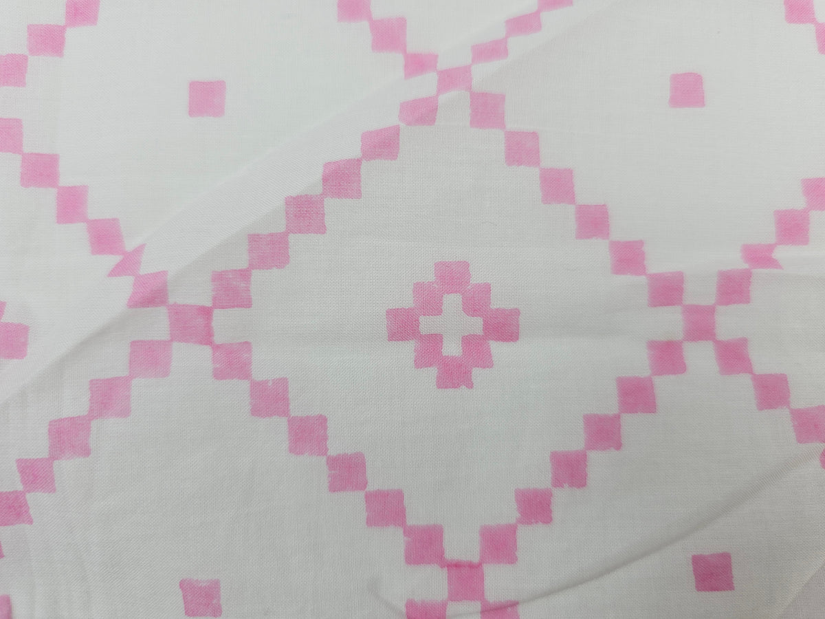 Hand Block Print Cotton Fabric – Pink Geometric Lattice | Blush Trellis