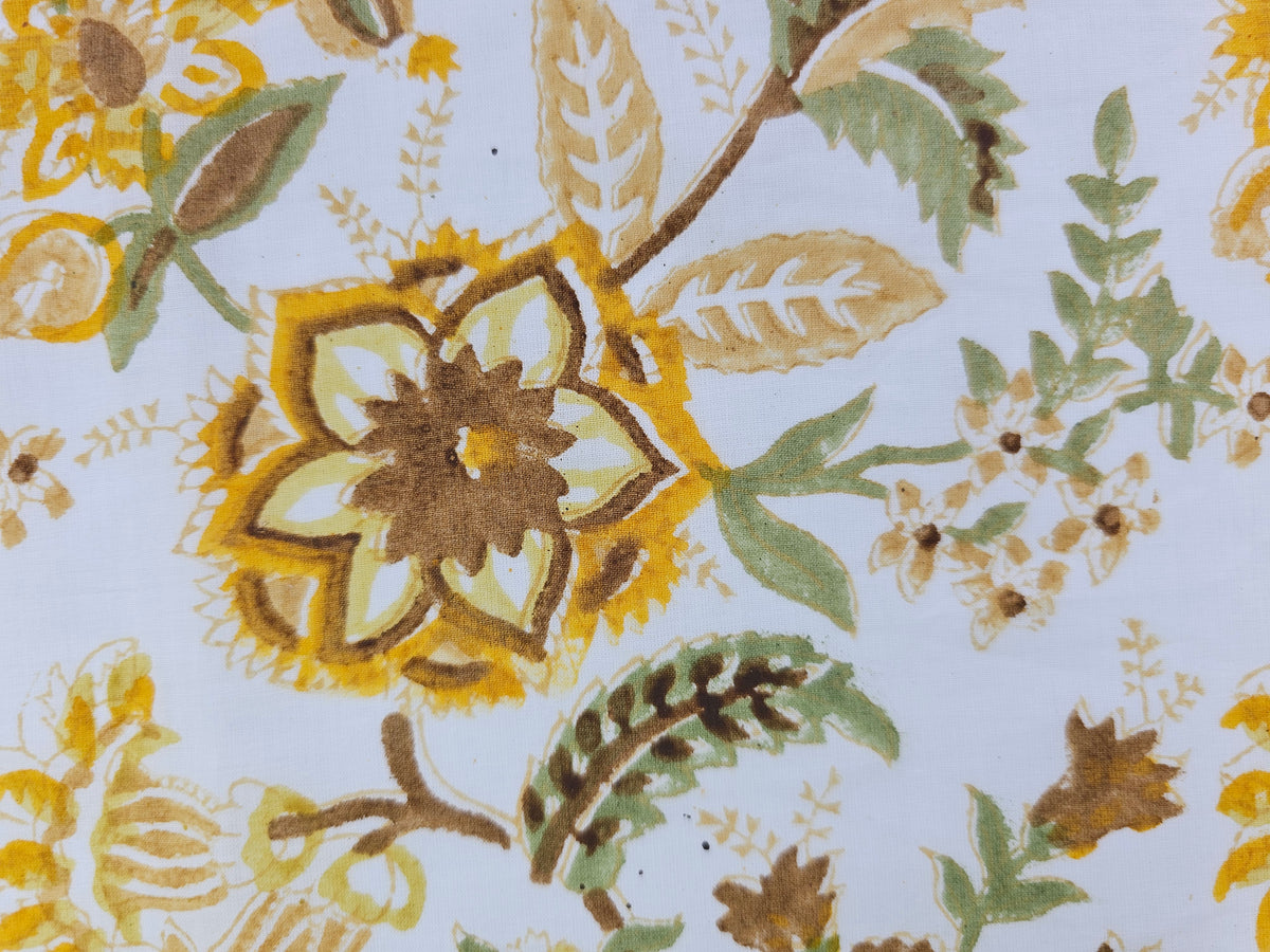 Hand Block Print Cotton Fabric - Mustard Botanical Floral | Golden Meadow