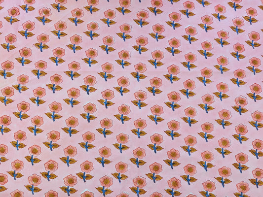 Hand Block Print Cotton Fabric – Pink Floral Motif | Blush Meadow