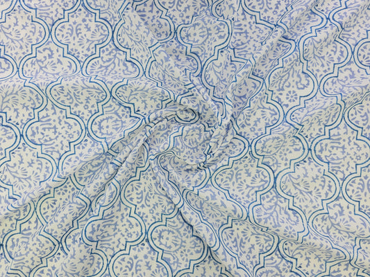 Hand Block Print Cotton Fabric – Blue Ornamental Lattice | Azure Tiles