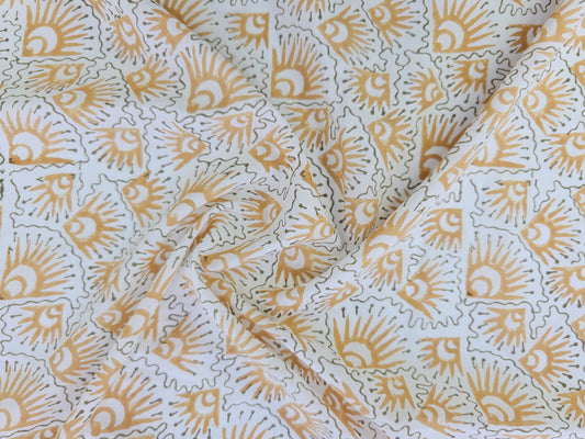 Hand Block Print Cotton Fabric – Ochre Geometric Sunburst | Golden Rays