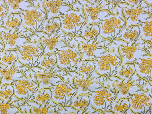 Hand Block Print Cotton Fabric – Mustard Botanical Vine | Golden Vines