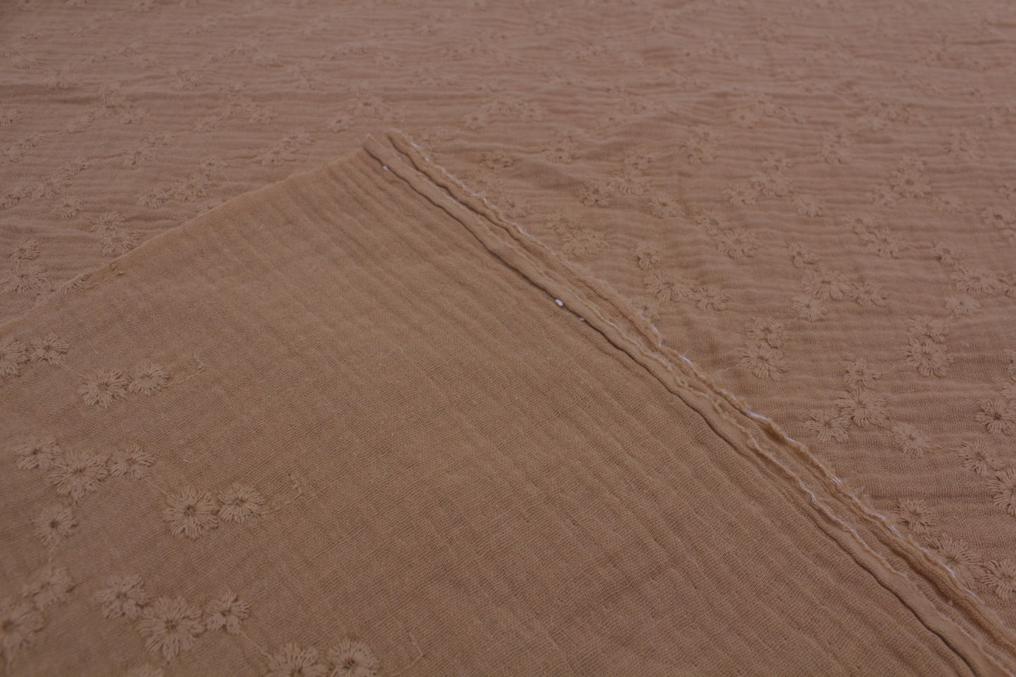 Brown Embroidered Double Gauze Muslin Crinkle Cotton – 47" Wide | Luxurious, Textured & Heavier Weight