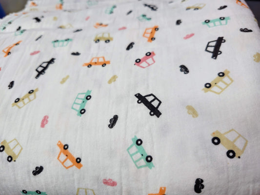 Car Print Double Gauze Muslin Fabric – 100% Cotton | 115 GSM | 52” Width | Soft & Lightweight for Nursery Projects
