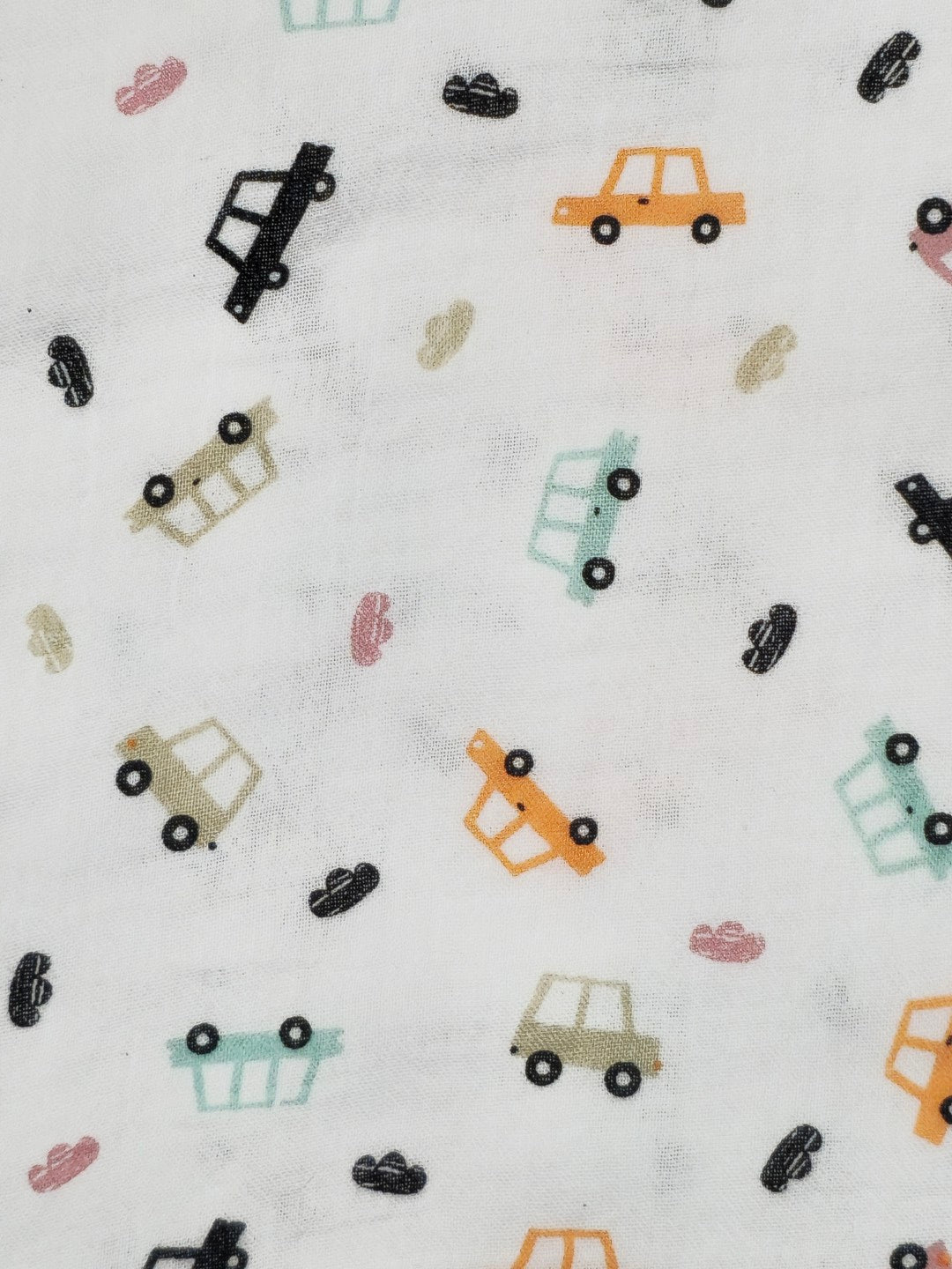Car Print Double Gauze Muslin Fabric – 100% Cotton | 115 GSM | 52” Width | Soft & Lightweight for Nursery Projects