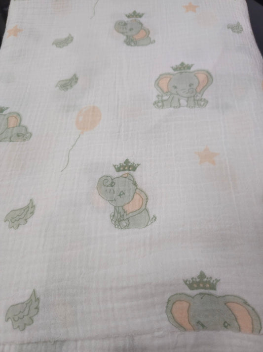 Elephant Nursery Print – Printed Double Gauze Muslin Fabric | 100% Cotton | White Base | Crinkled | 115 GSM | 52” Wide