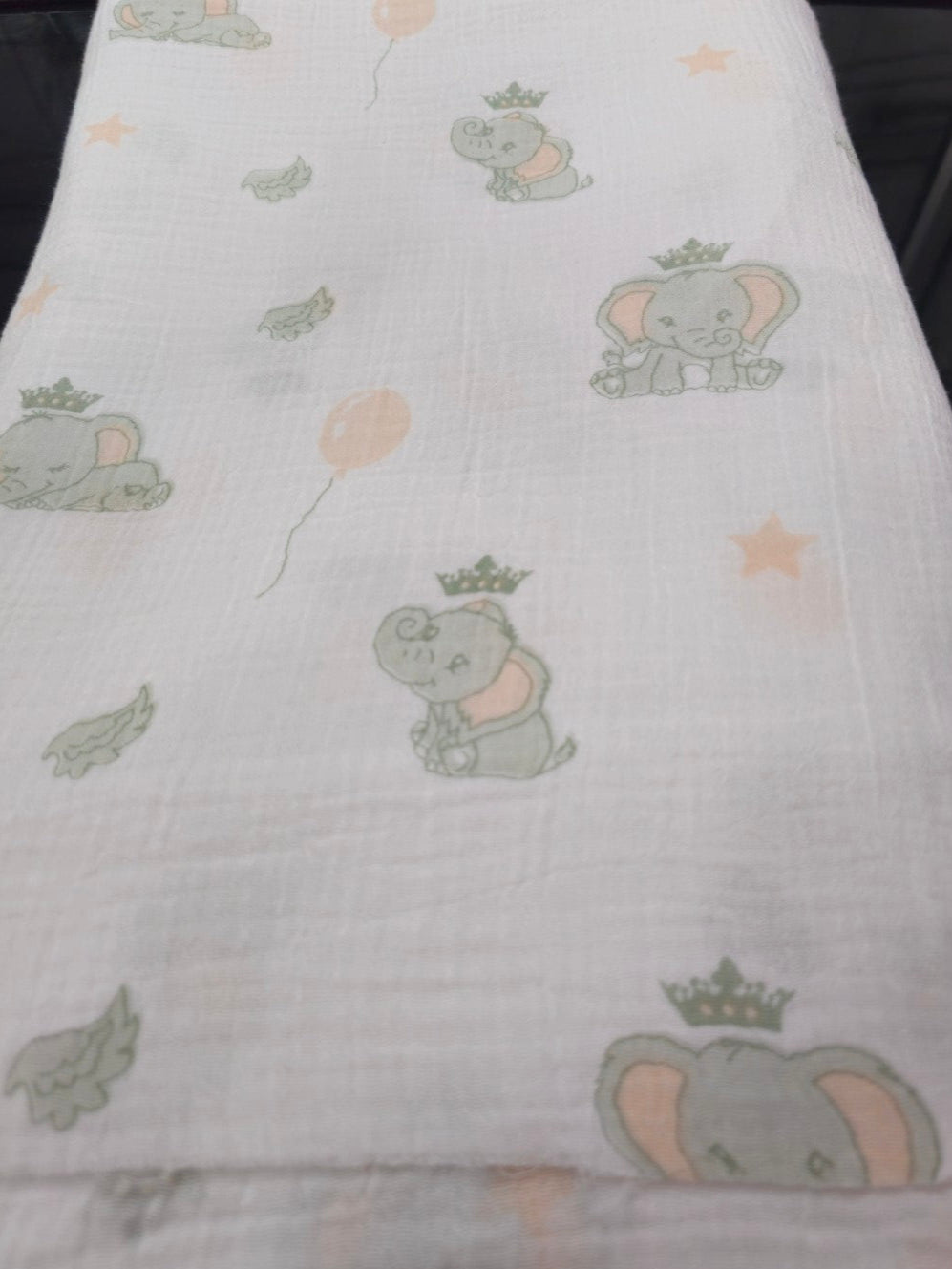 Elephant Nursery Print – Printed Double Gauze Muslin Fabric | 100% Cotton | White Base | Crinkled | 115 GSM | 52” Wide