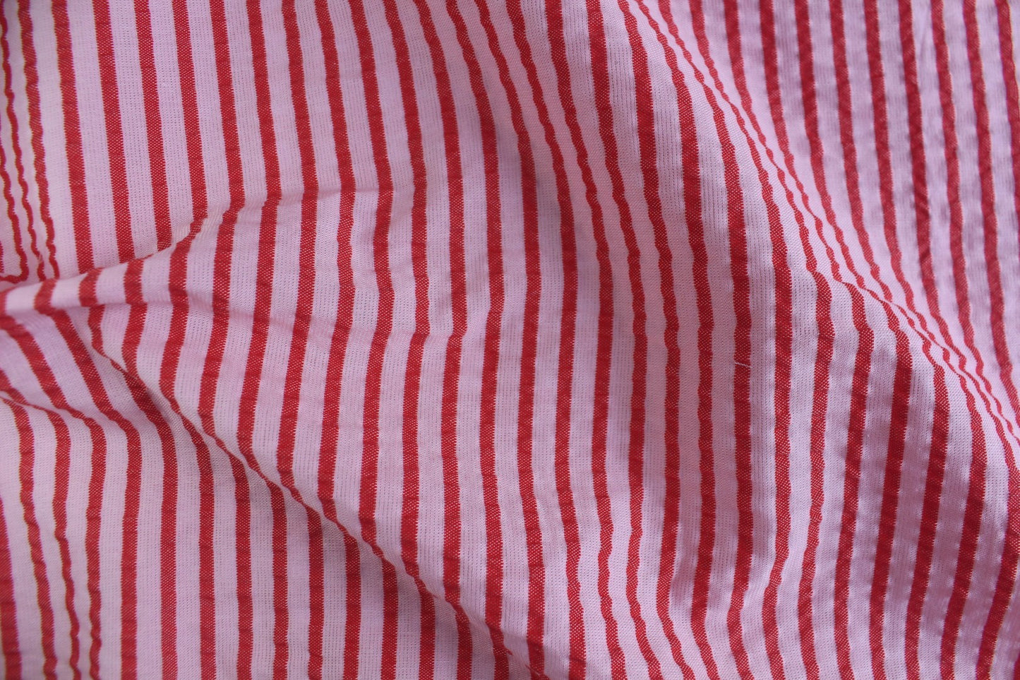 Red & Pink Stripe Poly-Cotton Seersucker – 62" Wide | Slightly Heavy, Textured Fabric for Apparel & Décor