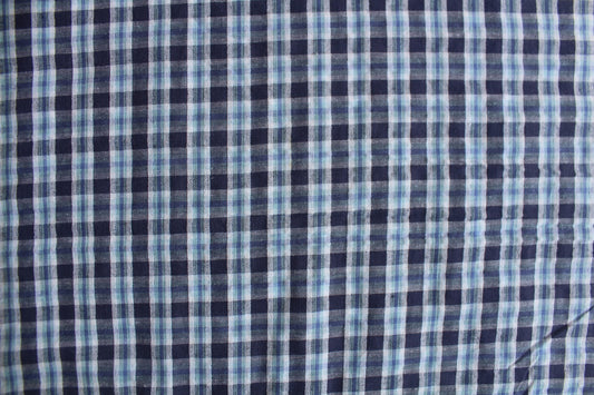 Sky Blue & Navy Check Cotton Seersucker – 44" Wide | Cool Toned Lightweight Fabric