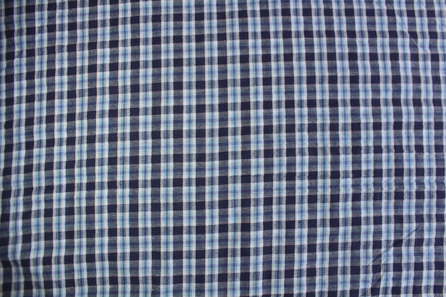 Sky Blue & Navy Check Cotton Seersucker – 44" Wide | Cool Toned Lightweight Fabric