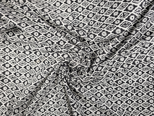 Hand Block Print Cotton Fabric – Black Floral Lattice | Midnight Lattice