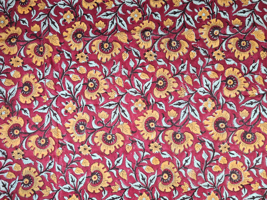 Hand Block Print Cotton Fabric – Burgundy Floral | Autumn Bloom
