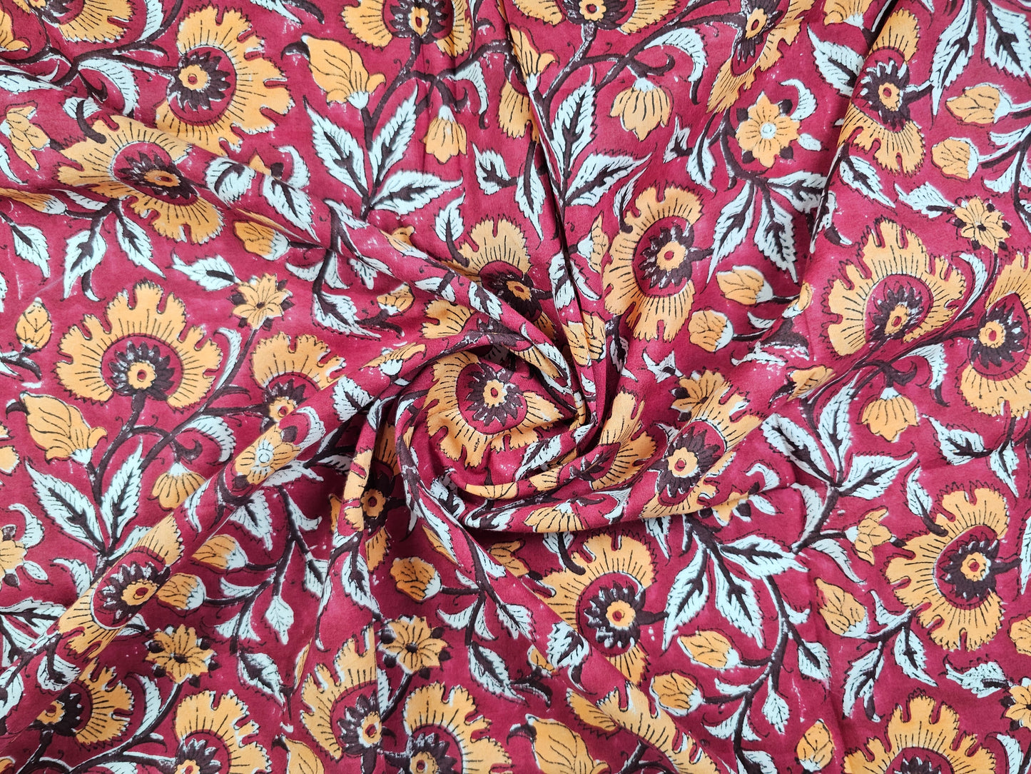 Hand Block Print Cotton Fabric – Burgundy Floral | Autumn Bloom