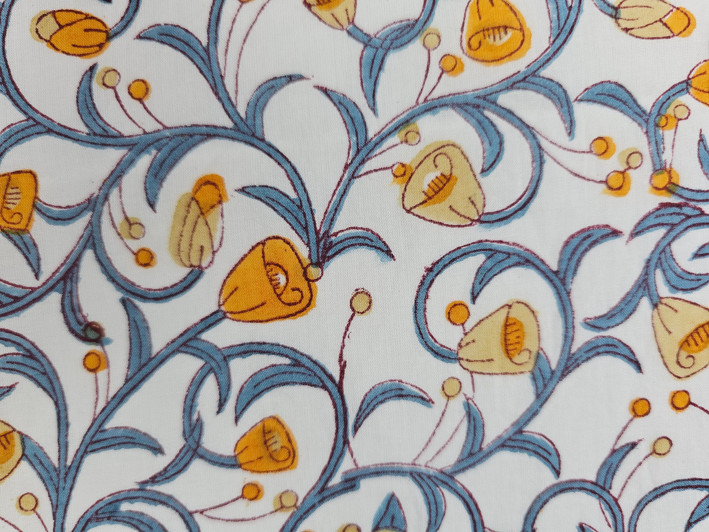 Hand Block Print Cotton Fabric – Blue Botanical Vine | Indigo Blossom