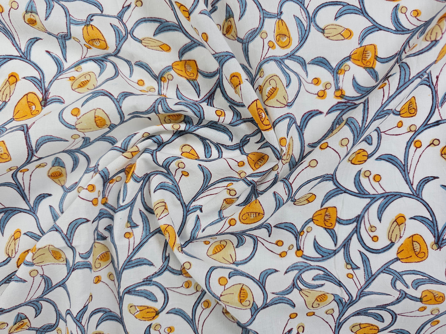 Hand Block Print Cotton Fabric – Blue Botanical Vine | Indigo Blossom