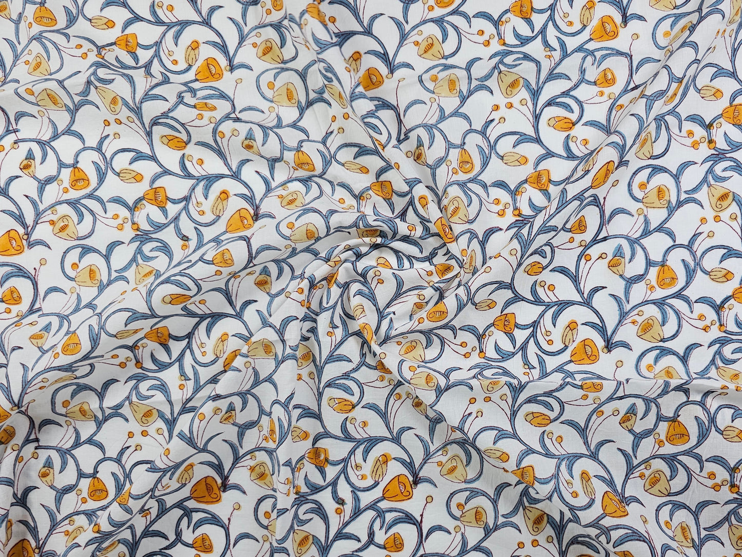 Hand Block Print Cotton Fabric – Blue Botanical Vine | Indigo Blossom