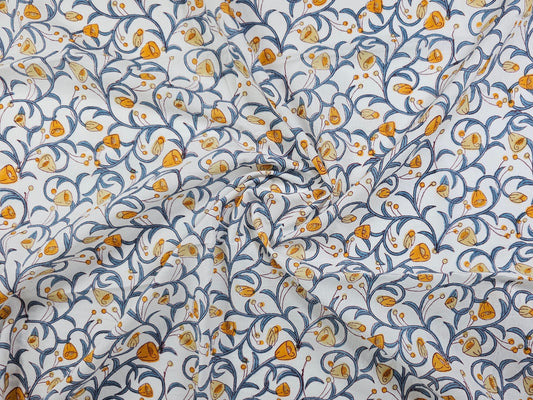 Hand Block Print Cotton Fabric – Blue Botanical Vine | Indigo Blossom