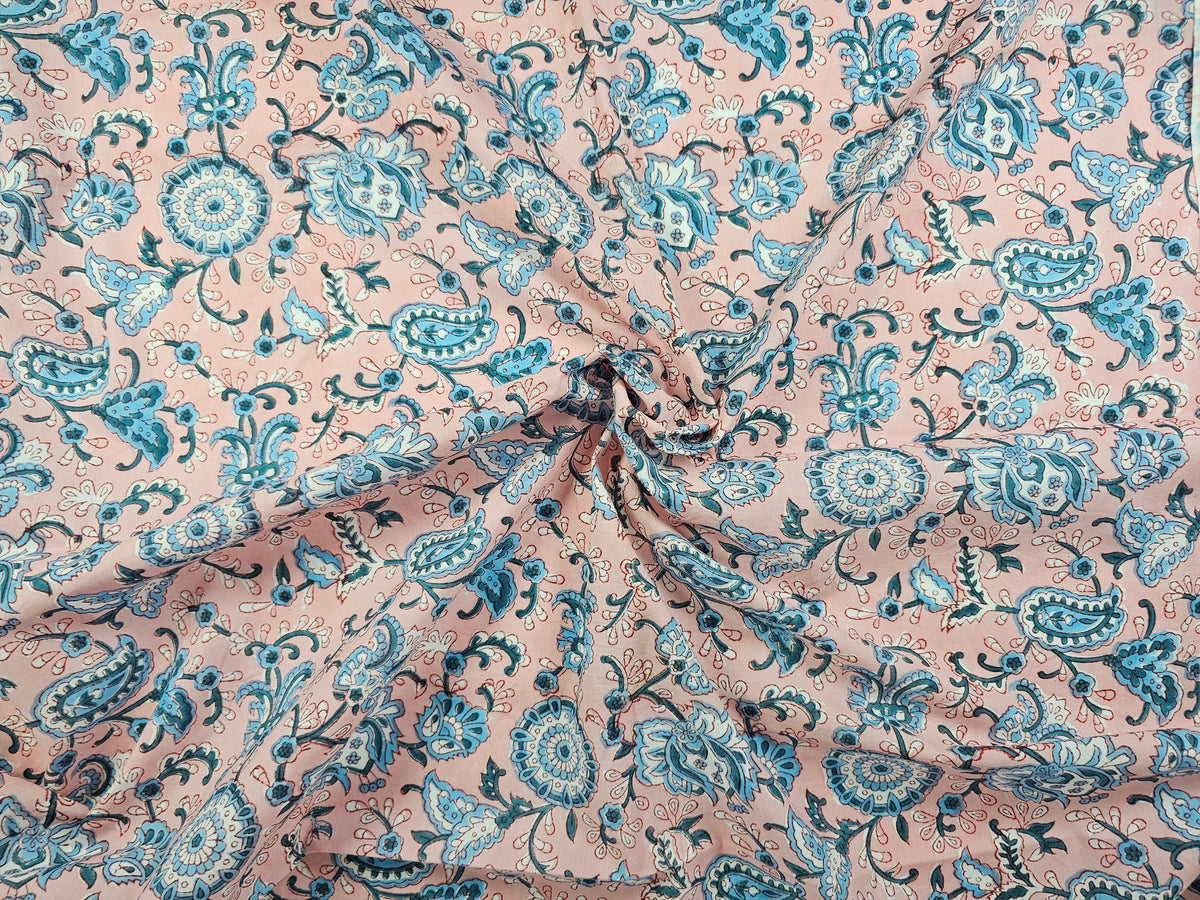 Hand Block Print Cotton Fabric – Blue Paisley Floral | Azure Paisley