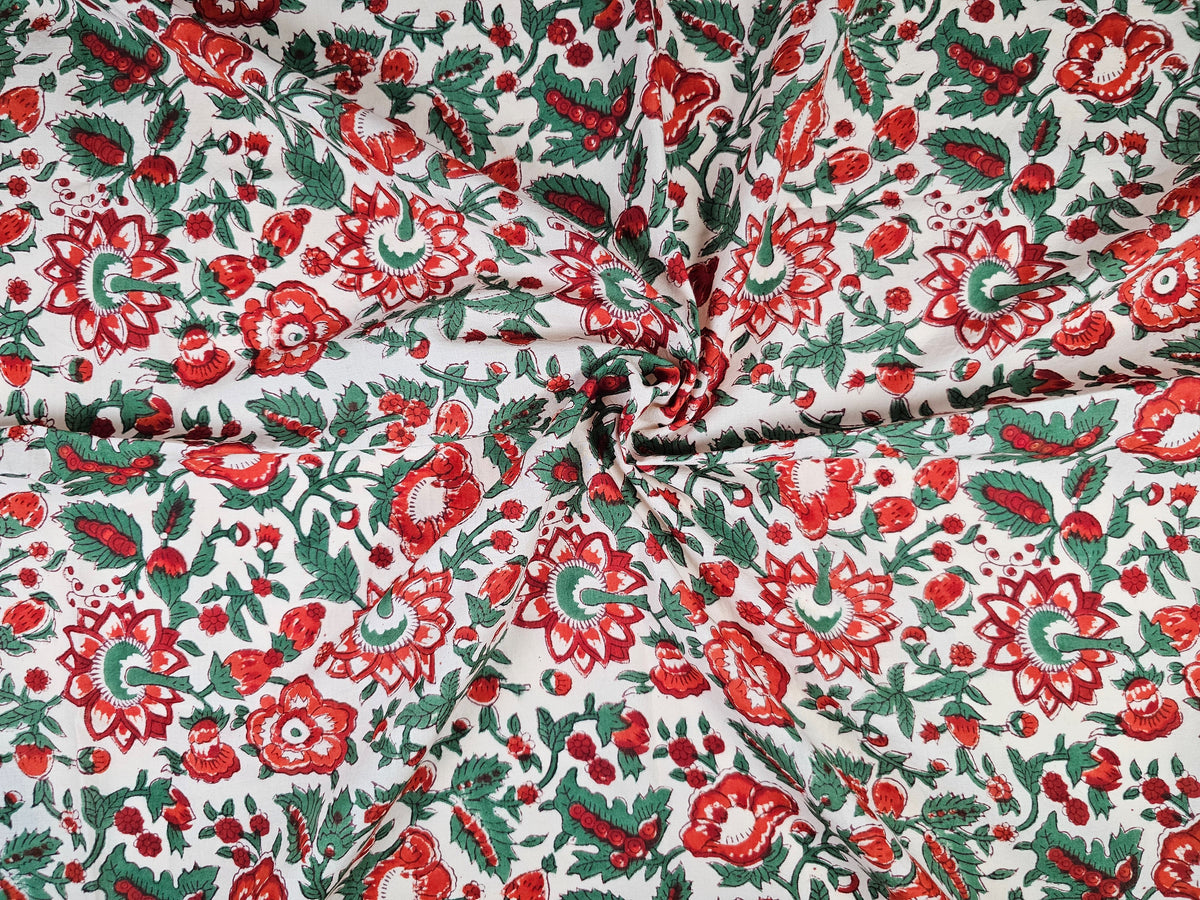 Hand Block Print Cotton Fabric – Red Floral | Scarlet Garden