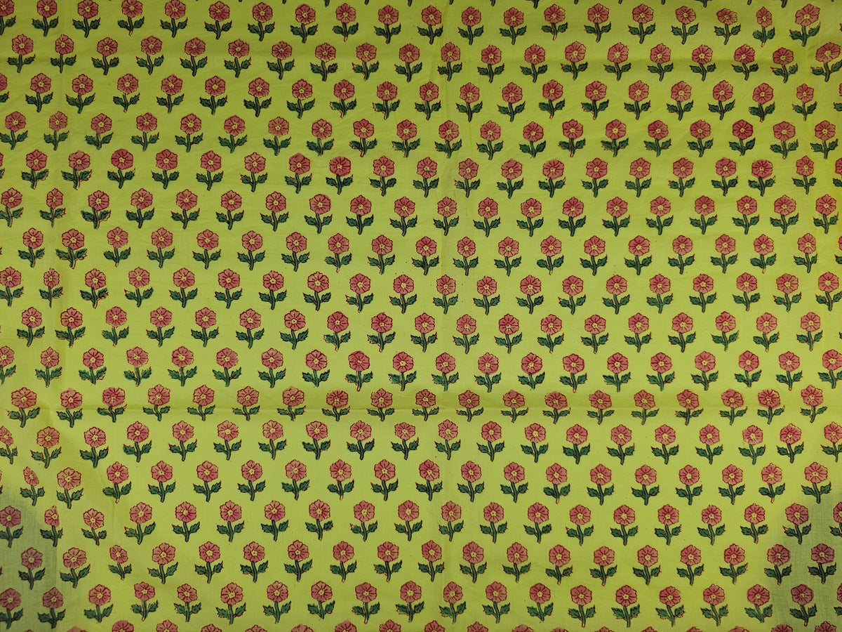 Hand Block Print Cotton Fabric – Lime Floral Motif | Citrus Bloom