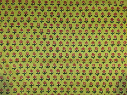 Hand Block Print Cotton Fabric – Lime Floral Motif | Citrus Bloom
