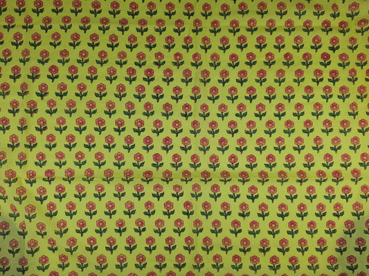 Hand Block Print Cotton Fabric – Lime Floral Motif | Citrus Bloom
