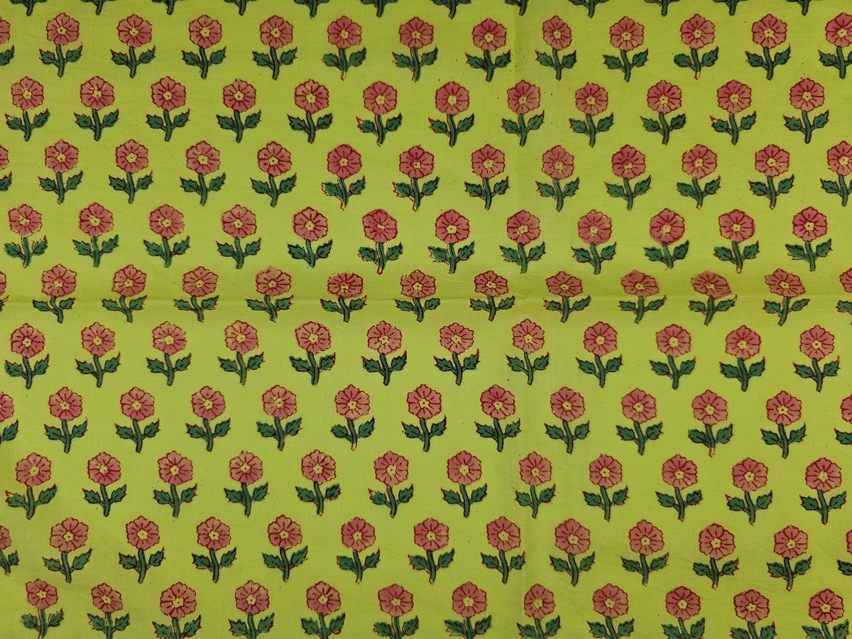 Hand Block Print Cotton Fabric – Lime Floral Motif | Citrus Bloom