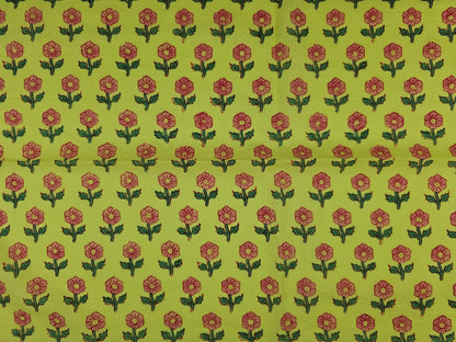 Hand Block Print Cotton Fabric – Lime Floral Motif | Citrus Bloom