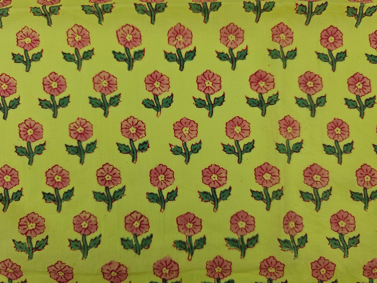 Hand Block Print Cotton Fabric – Lime Floral Motif | Citrus Bloom
