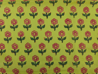 Hand Block Print Cotton Fabric – Lime Floral Motif | Citrus Bloom