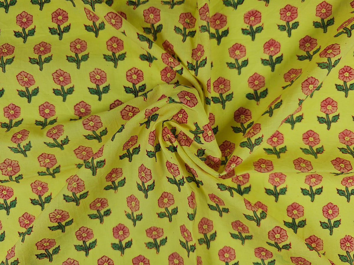 Hand Block Print Cotton Fabric – Lime Floral Motif | Citrus Bloom
