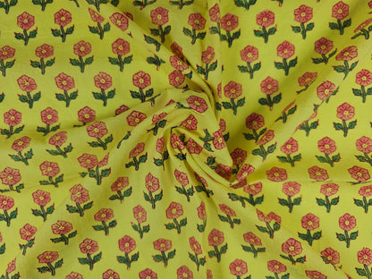Hand Block Print Cotton Fabric – Lime Floral Motif | Citrus Bloom
