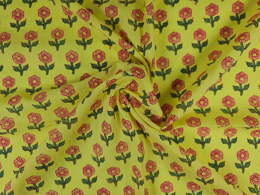 Hand Block Print Cotton Fabric – Lime Floral Motif | Citrus Bloom