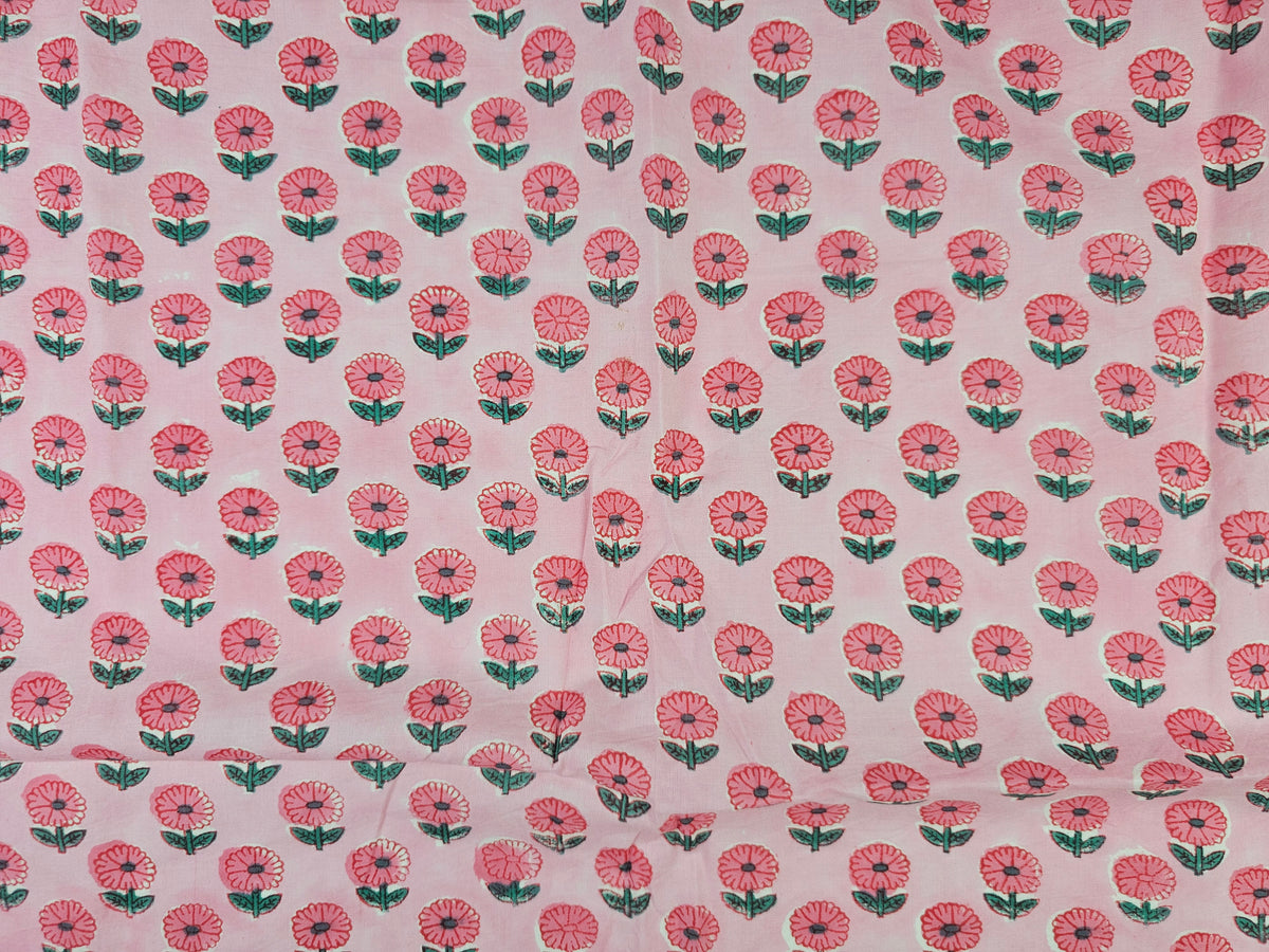 Hand Block Print Cotton Fabric – Pink Floral Motif | Pink Posy