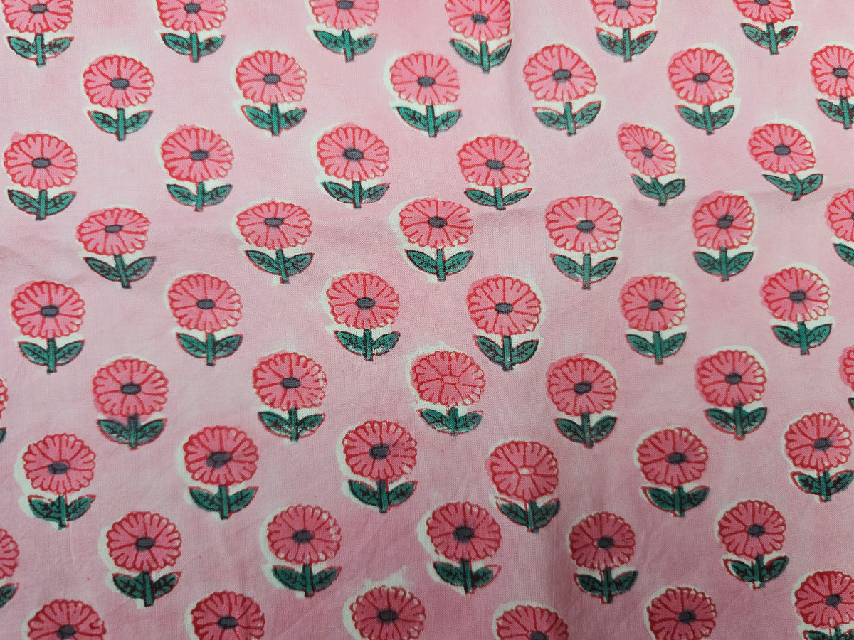 Hand Block Print Cotton Fabric – Pink Floral Motif | Pink Posy