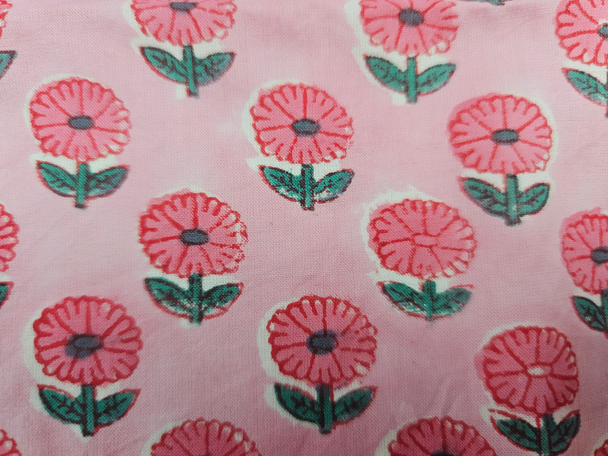 Hand Block Print Cotton Fabric – Pink Floral Motif | Pink Posy