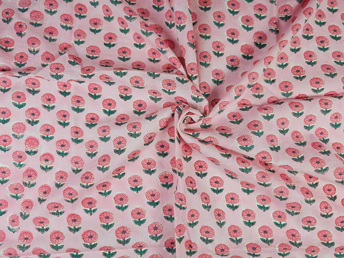 Hand Block Print Cotton Fabric – Pink Floral Motif | Pink Posy