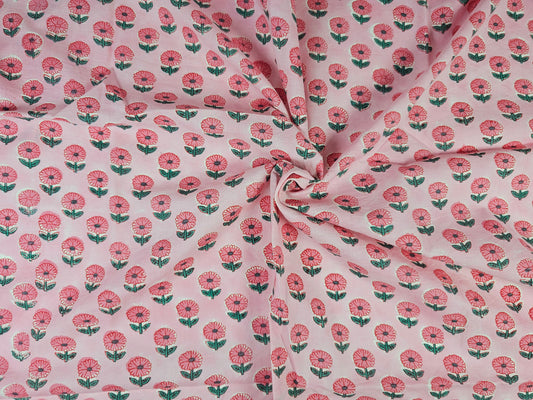 Hand Block Print Cotton Fabric – Pink Floral Motif | Pink Posy