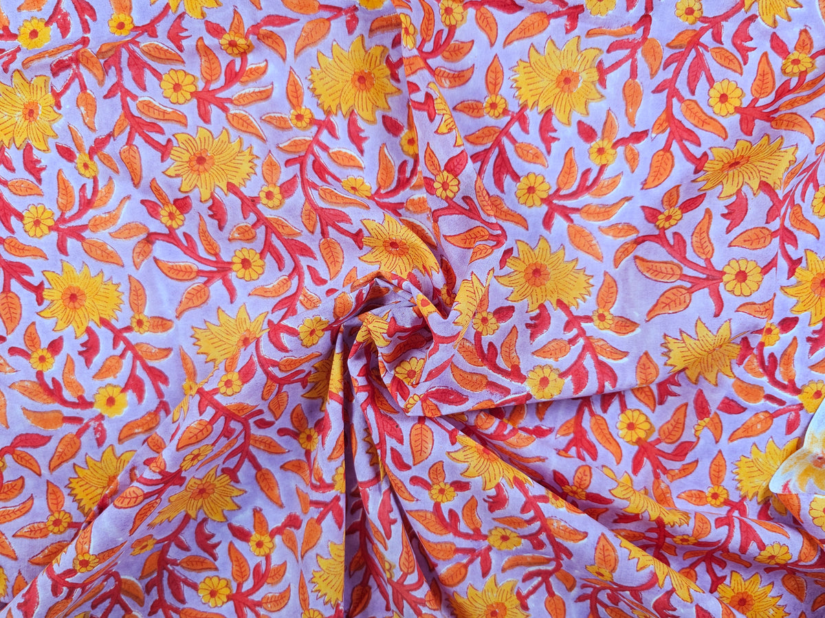 Hand Block Print Cotton Fabric – Golden Floral Vine | Marigold Trail