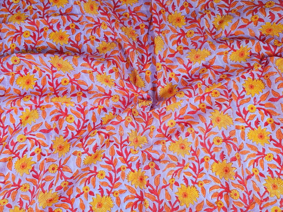 Hand Block Print Cotton Fabric – Golden Floral Vine | Marigold Trail