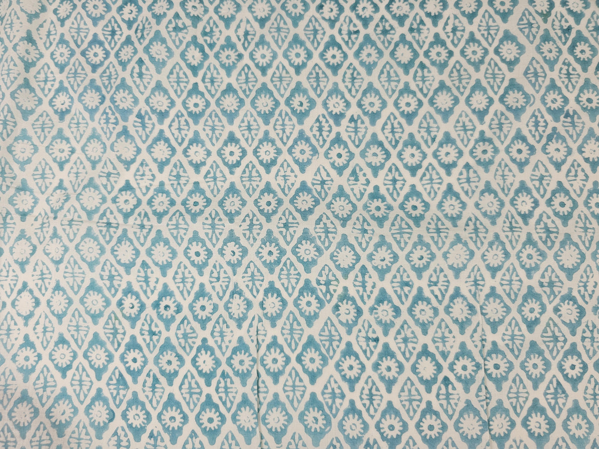 Hand Block Print Cotton Fabric – Aqua Floral Lattice | Seafoam Lattice