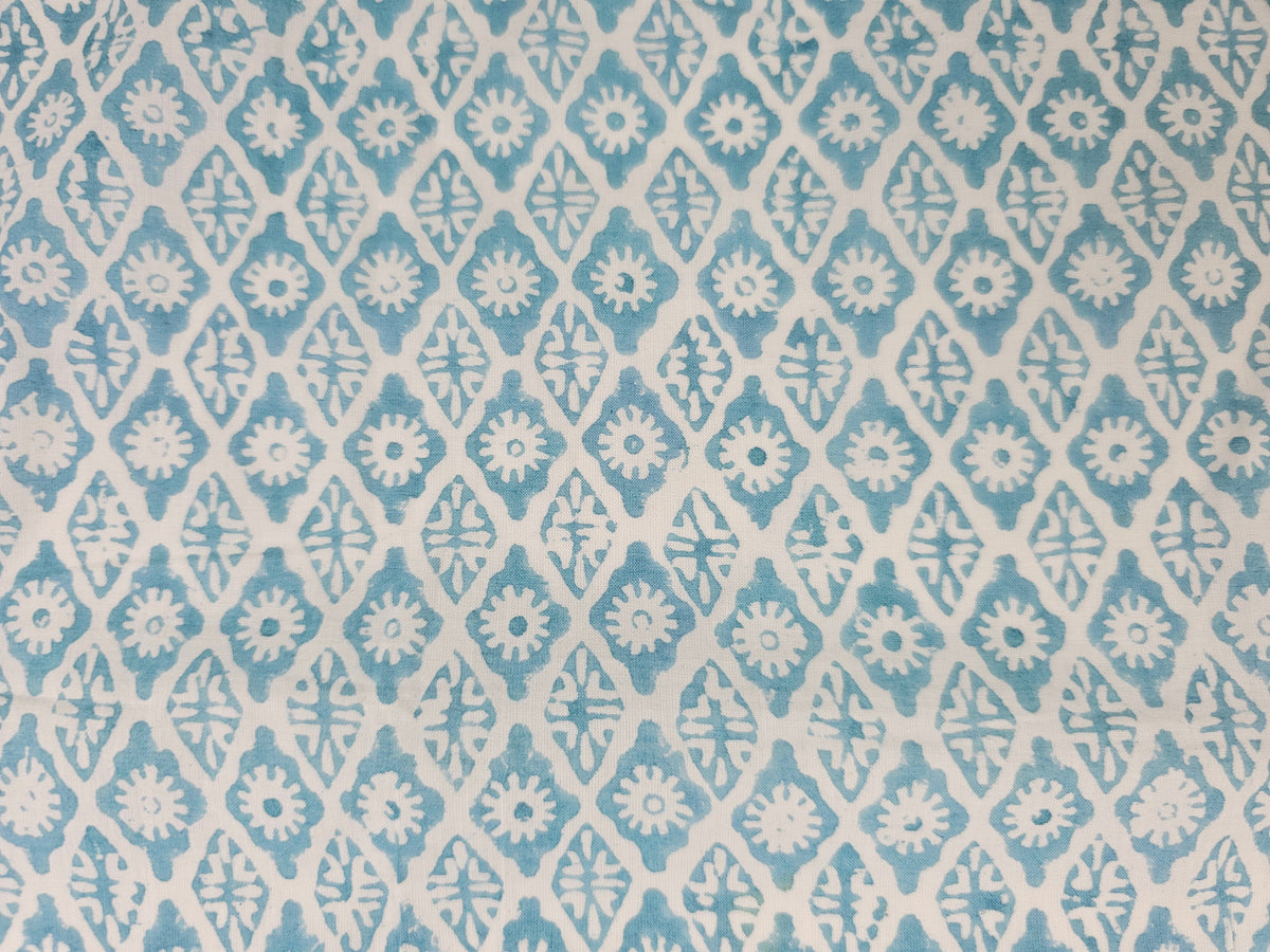 Hand Block Print Cotton Fabric – Aqua Floral Lattice | Seafoam Lattice