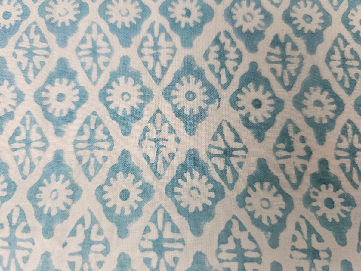 Hand Block Print Cotton Fabric – Aqua Floral Lattice | Seafoam Lattice