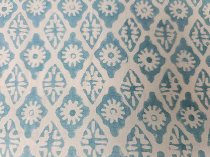 Hand Block Print Cotton Fabric – Aqua Floral Lattice | Seafoam Lattice