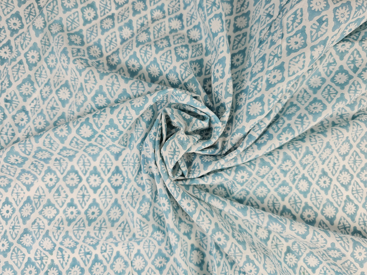 Hand Block Print Cotton Fabric – Aqua Floral Lattice | Seafoam Lattice