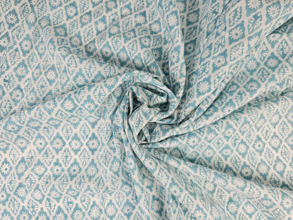 Hand Block Print Cotton Fabric – Aqua Floral Lattice | Seafoam Lattice