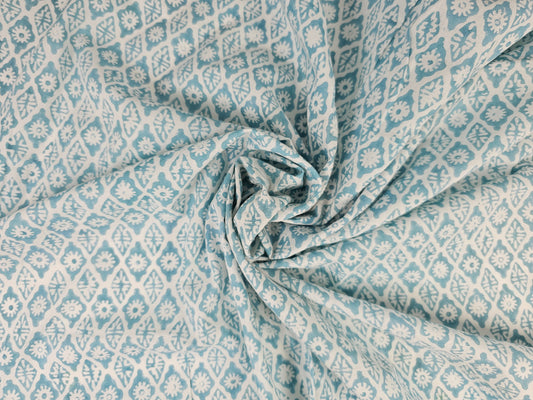 Hand Block Print Cotton Fabric – Aqua Floral Lattice | Seafoam Lattice