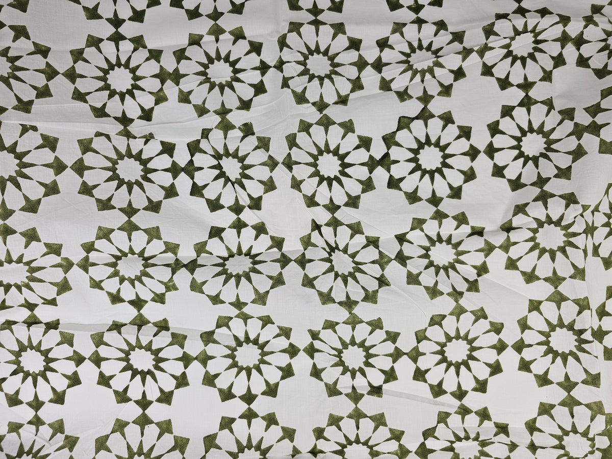 Hand Block Print Cotton Fabric – Olive Geometric | Olive Jali