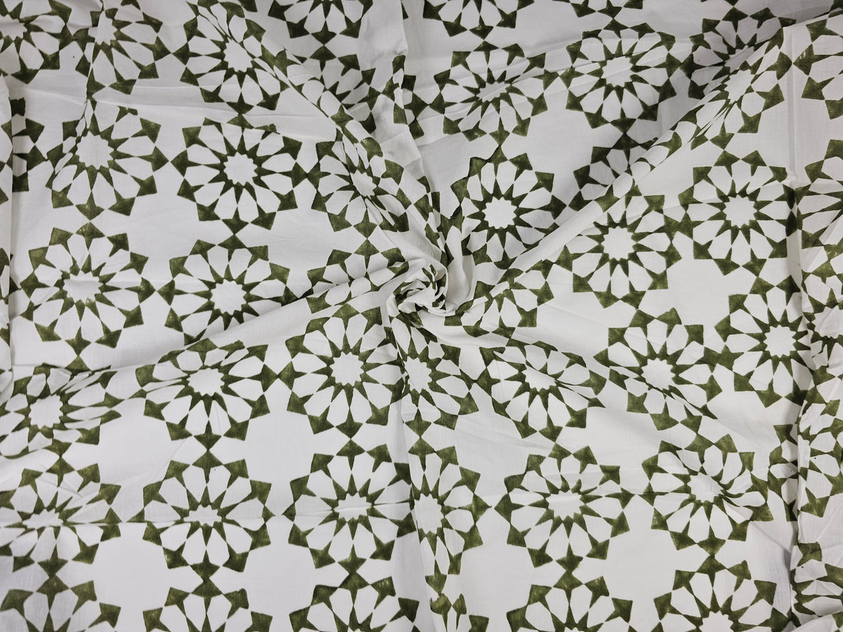 Hand Block Print Cotton Fabric – Olive Geometric | Olive Jali