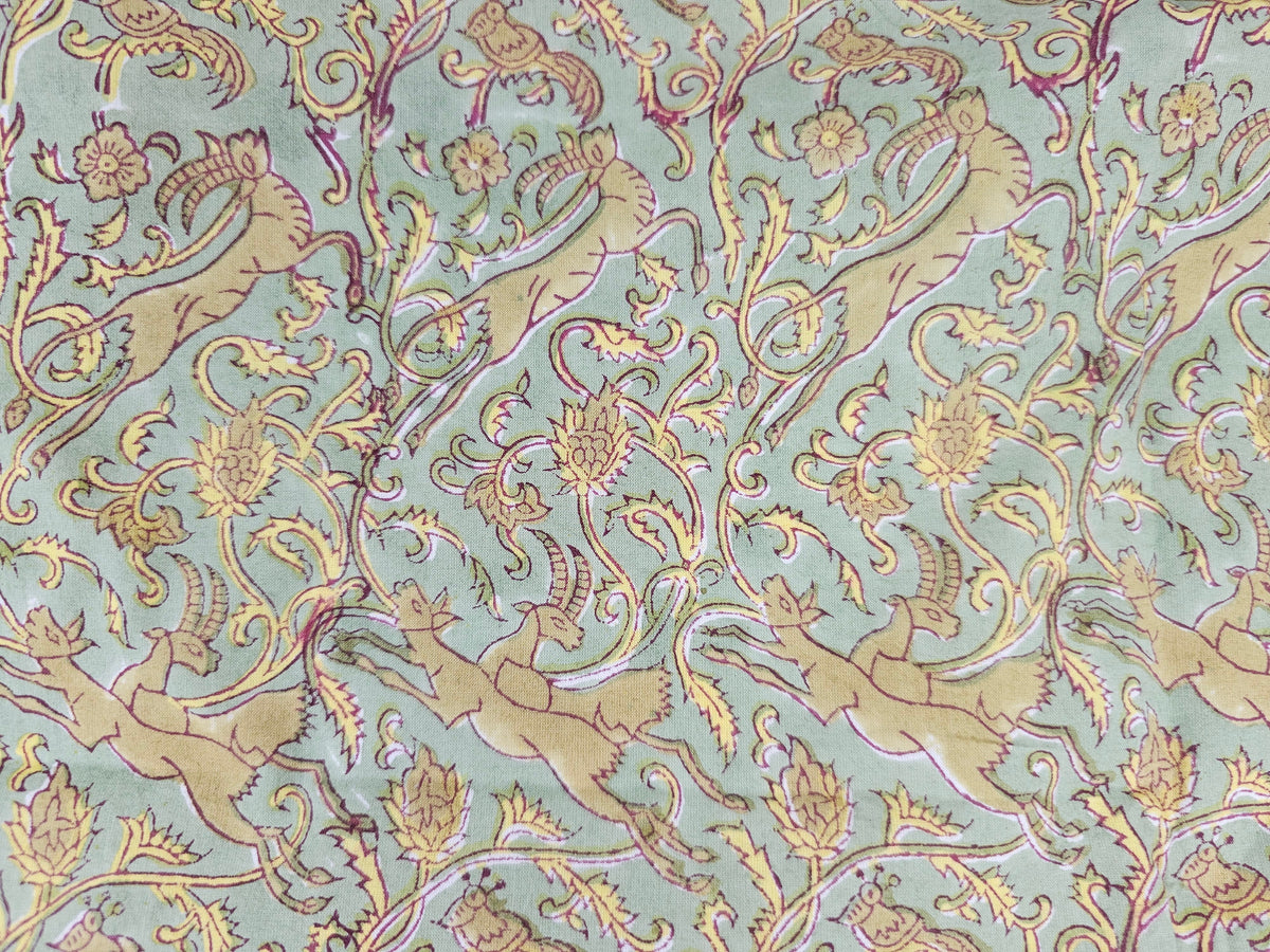 Hand Block Print Cotton Fabric – Sage Animal & Paisley | Mughal Vines